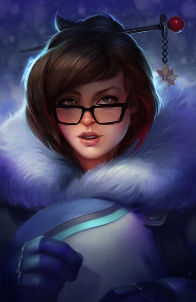 Anime picture 908x1400 with overwatch blizzard entertainment mei (overwatch) dave greco single tall image short hair simple background brown hair brown eyes upper body red hair parted lips multicolored hair realistic two-tone hair teeth fur trim looking up purple background