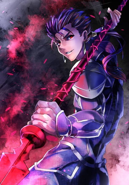 Anime picture 1050x1500 with fate (series) fate/stay night type-moon cu chulainn (fate) cu chulainn (fate/stay night) janne cherry single long hair tall image looking at viewer smile red eyes standing holding purple hair ponytail looking back clenched teeth boy weapon