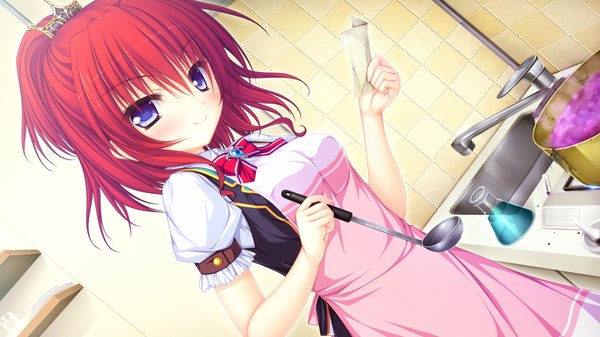 Anime picture 1280x720 with magicalic sky high mikagami mamizu looking at viewer blush short hair blue eyes smile wide image game cg red hair cooking girl apron crown