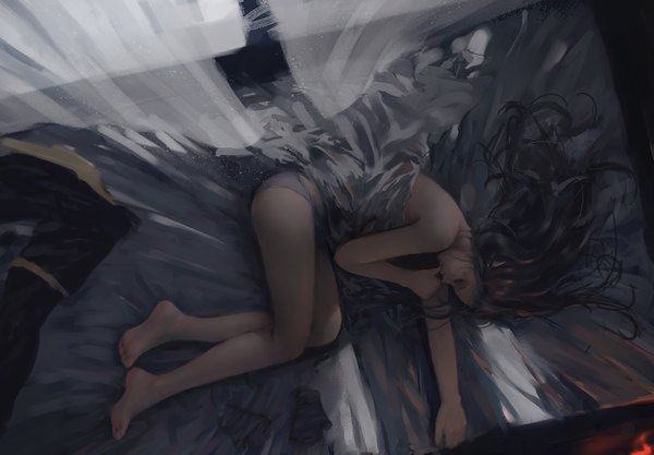 Anime picture 5486x3818 with ghost blade yan (ghost blade) wlop single long hair highres light erotic brown hair bare shoulders absurdres eyes closed barefoot from above pointy ears no bra bare legs no shoes finger to mouth light sleeping