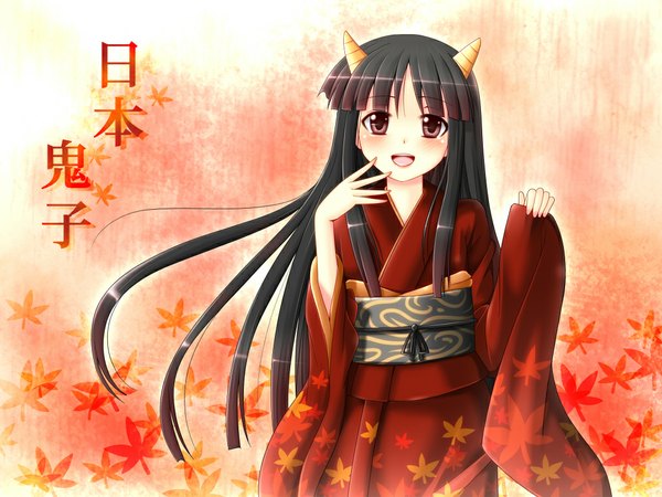 Anime picture 1024x768 with original hinomoto oniko dotera-otoko long hair looking at viewer blush open mouth black hair red eyes traditional clothes japanese clothes horn (horns) oni horns girl kimono leaf (leaves)