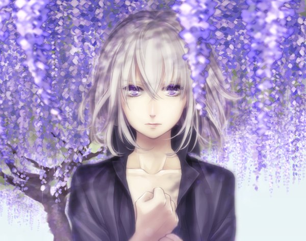 Anime picture 1370x1081 with touken ranbu nitroplus honebami toushirou syno single looking at viewer fringe short hair purple eyes white hair open clothes open shirt hand on chest close-up boy flower (flowers) shirt wisteria
