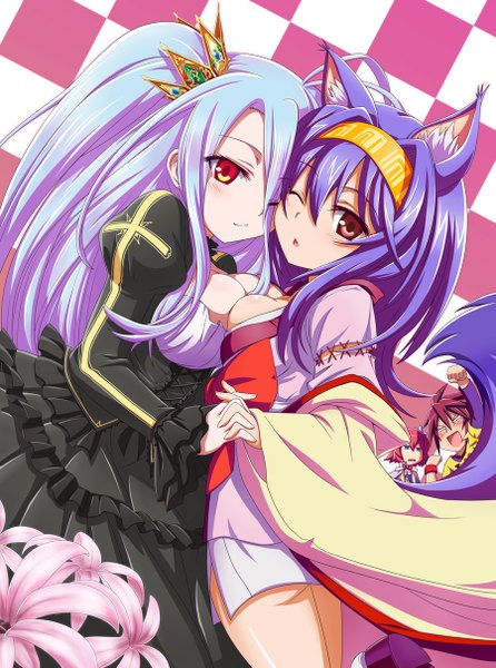 Anime picture 900x1209 with no game no life madhouse shiro (no game no life) stephanie dora sora (no game no life) hatsuse izuna shirosame (artist) long hair tall image blush short hair breasts light erotic hair between eyes red eyes multiple girls animal ears blue hair tail animal tail