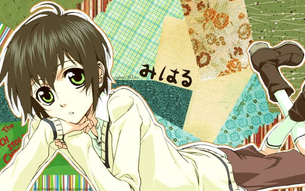 Anime picture 1280x800 with nabari no ou j.c. staff rokujou miharu short hair brown hair wide image green eyes lying boy socks shorts boots sweater