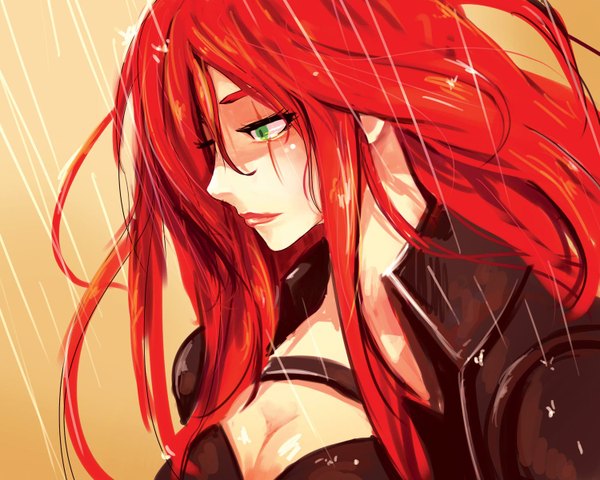 Anime picture 1500x1200 with league of legends katarina (league of legends) beanbean1988 single long hair green eyes red hair profile scar rain girl
