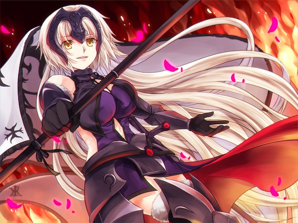 Anime picture 1300x975 with fate (series) fate/grand order fate/apocrypha jeanne d'arc (fate) (all) jeanne d'arc alter (fate) jeanne d'arc alter (avenger) (third ascension) (fate) iroha (shiki) single looking at viewer breasts blonde hair smile standing holding yellow eyes cleavage very long hair parted lips wind from below