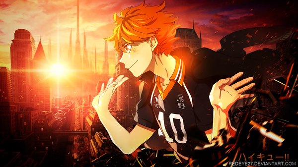 Anime picture 1920x1080 with haikyuu!! production i.g hinata shouyou redeye27 single blush highres short hair smile wide image looking away sky profile orange hair orange eyes wallpaper copyright name city evening sunset