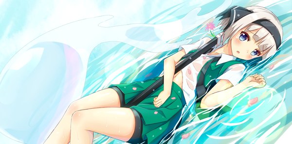 Anime picture 3471x1721 with touhou konpaku youmu myon higejii single looking at viewer blush fringe highres short hair open mouth blue eyes light erotic wide image lying grey hair wet wet clothes girl weapon