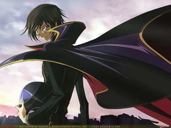 Anime picture 1024x768 with code geass sunrise (studio) lelouch lamperouge ningen (nattoli) kimura takahiro single looking at viewer short hair smile brown hair purple eyes signed sky cloud (clouds) looking back from behind wallpaper evening sunset third-party edit