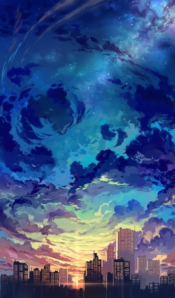 Anime picture 1771x3000 with original baisi shaonian tall image highres sky cloud (clouds) city evening sunset no people landscape scenic building (buildings) star (stars) skyscraper