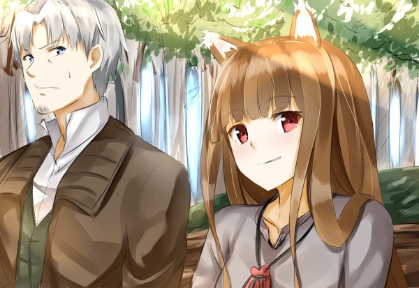 Anime picture 1200x827 with spice and wolf horo craft lawrence isshiki (ffmania7) long hair looking at viewer blush fringe short hair blue eyes red eyes brown hair sitting animal ears looking away silver hair light smile sunlight sweat couple