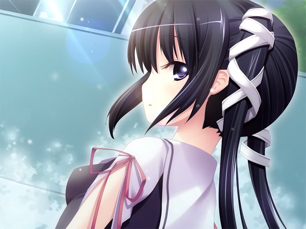 Anime picture 1200x900 with black hair game cg looking back black eyes girl ribbon (ribbons)