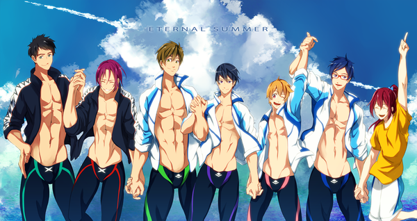 Anime picture 2033x1080 with free! kyoto animation matsuoka rin nanase haruka (free!) tachibana makoto matsuoka gou hazuki nagisa ryugazaki rei yamazaki sosuke 8yml long hair looking at viewer fringe highres short hair open mouth blue eyes light erotic black hair blonde hair