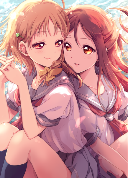 Anime picture 769x1063 with love live! sunshine!! sunrise (studio) love live! sakurauchi riko takami chika yamada ako long hair tall image blush fringe short hair open mouth hair between eyes red eyes brown hair multiple girls yellow eyes ahoge bent knee (knees) red hair