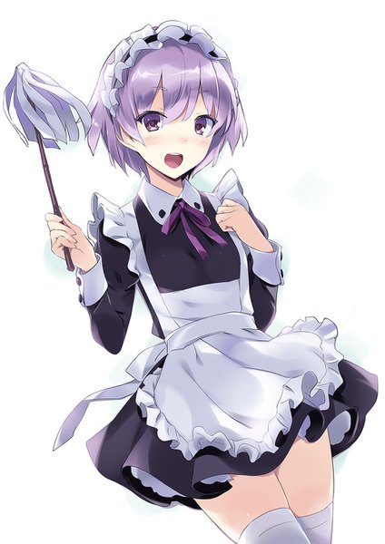 Anime picture 992x1403 with original usatsuka eiji single tall image looking at viewer blush highres short hair open mouth white background purple eyes purple hair maid dutch angle girl thighhighs uniform ribbon (ribbons) frills headdress