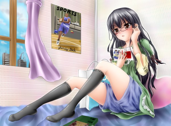 Anime picture 2500x1845 with original hiro (725611) single long hair blush highres black hair sitting brown eyes girl dress socks glasses shorts window black socks bag