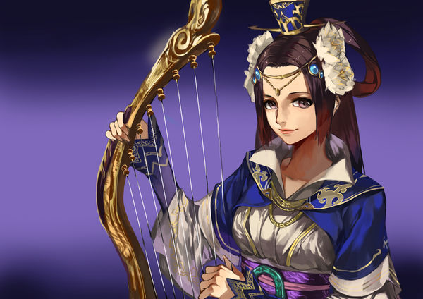 Anime picture 1052x744 with sengoku musou cai wenji kuki single long hair looking at viewer simple background smile brown hair brown eyes hair flower close-up alternate hairstyle purple background girl hair ornament flower (flowers) musical instrument harp