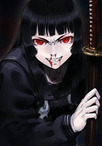 Anime picture 717x1024 with original cozy single long hair tall image looking at viewer black hair red eyes grin pale skin nosebleed girl weapon sword serafuku katana blood sheath