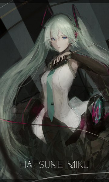 Anime picture 1201x2005 with vocaloid vocaloid append hatsune miku hatsune miku (append) marumoru single tall image looking at viewer fringe blue eyes hair between eyes standing twintails holding very long hair aqua hair grey background sleeveless character names girl