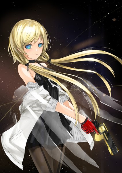 Anime picture 1157x1637 with original lucifer301 single long hair tall image looking at viewer blush fringe blue eyes blonde hair standing bare shoulders holding open jacket lens flare twisty sleeves transparent girl dress gloves