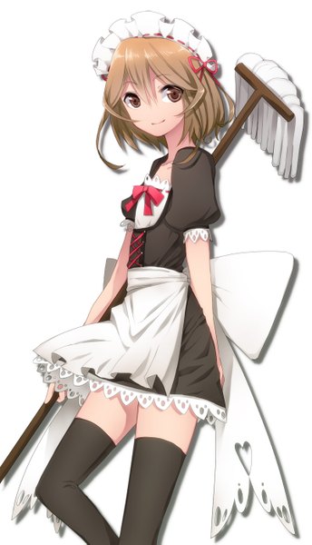 Anime picture 800x1395 with original hattori (junoct2000) single tall image looking at viewer short hair simple background brown hair white background brown eyes maid zettai ryouiki girl thighhighs black thighhighs headdress maid headdress mop