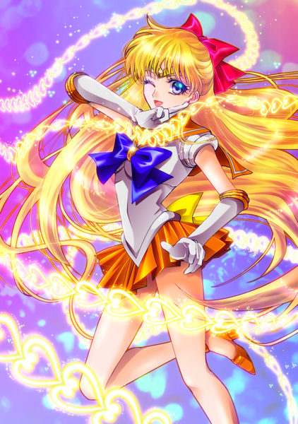 Anime picture 1102x1565 with bishoujo senshi sailor moon toei animation aino minako sailor venus tsukasaki ryouko single tall image looking at viewer fringe open mouth blue eyes blonde hair very long hair one eye closed wink half updo magical girl girl gloves bow