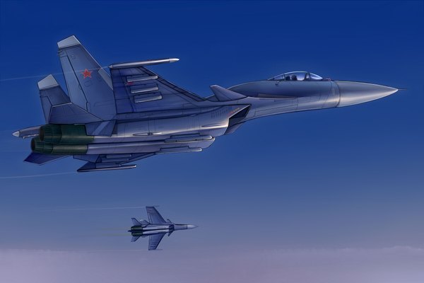 Anime picture 1800x1200 with original kcme highres sky flying weapon airplane jet su-33