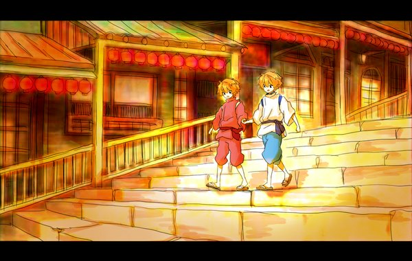 Anime picture 947x600 with harry potter spirited away studio ghibli fred weasley george weasley sepia harusame (artist) short hair outdoors traditional clothes black eyes orange hair multiple boys holding hands siblings cosplay walking twins parody brothers boy