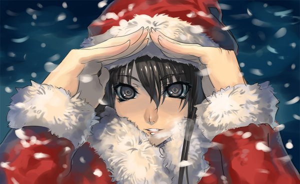 Anime picture 1200x739 with original ranou wide image grey hair grey eyes fur trim snowing christmas winter girl fur santa claus hat santa claus costume