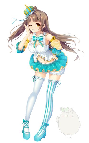 Anime picture 1328x2121 with love live! school idol project sunrise (studio) love live! minami kotori kero (tomoki-tiger) single long hair tall image looking at viewer brown hair white background bare shoulders yellow eyes one eye closed wink one side up different thighhighs girl thighhighs dress