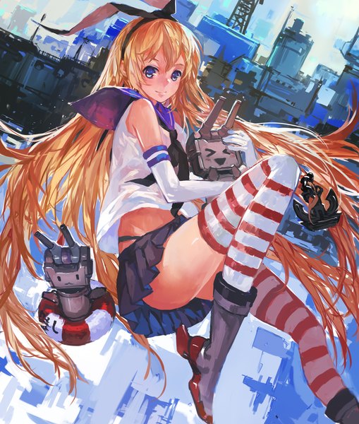 Anime picture 1920x2261 with kantai collection shimakaze destroyer rensouhou-chan zrero long hair tall image looking at viewer highres blonde hair zettai ryouiki :3 > < girl thighhighs skirt gloves hair ornament underwear panties ribbon (ribbons)