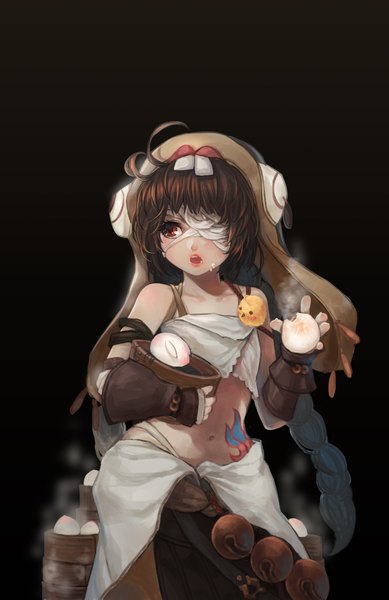 Anime picture 1555x2395 with original quaanqin single long hair tall image open mouth red eyes brown hair braid (braids) midriff black background bandage over one eye girl navel food