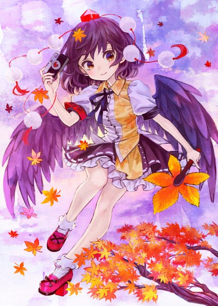 Anime picture 880x1234 with touhou shameimaru aya ama-tou single tall image blush short hair smile brown eyes looking away sky purple hair cloud (clouds) flying girl dress wings socks leaf (leaves) white socks