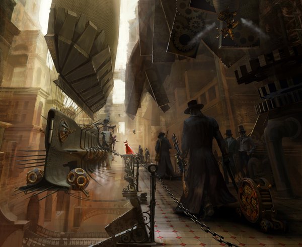 Anime picture 4000x3273 with aleksander novak-zemplinski highres absurdres from behind city mechanical steam punk dress weapon hat gun chain cloak red dress aircraft top hat gears airship dirigible