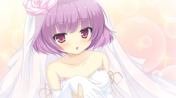 Anime picture 2560x1440 with mizu no miyako no patisserie blush highres short hair open mouth red eyes wide image bare shoulders game cg purple hair girl dress gloves elbow gloves wedding dress