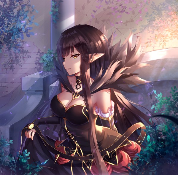 Anime picture 2428x2391 with fate (series) fate/apocrypha semiramis (fate) black fire (peter02713) single looking at viewer fringe highres breasts black hair large breasts standing yellow eyes payot cleavage upper body very long hair parted lips profile pointy ears