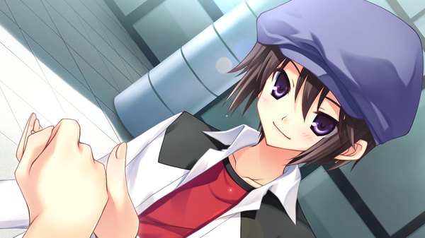 Anime picture 1280x720 with himitsu no otome short hair black hair wide image purple eyes game cg girl hat
