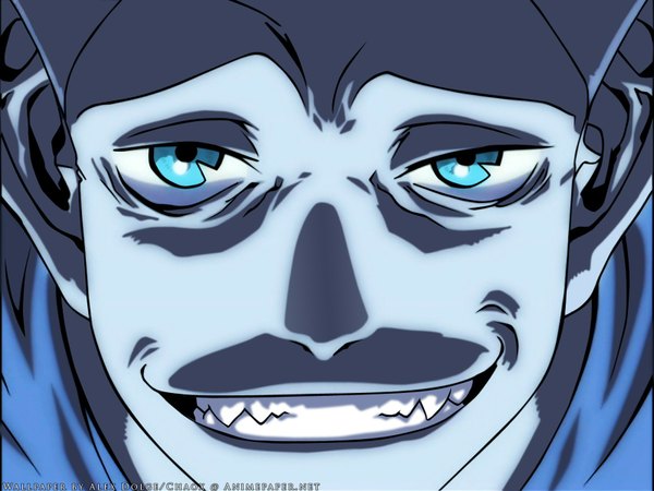 Anime picture 1600x1200 with twelve kingdoms blue eyes inscription teeth grin face sharp teeth boy
