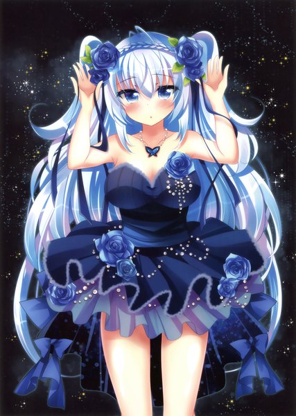 Anime picture 2489x3500 with original ichiyou moka single long hair tall image looking at viewer blush highres blue eyes blue hair absurdres hair flower scan official art girl dress flower (flowers) ribbon (ribbons) hair ribbon rose (roses)