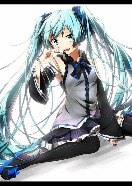 Anime picture 1000x1400 with vocaloid hatsune miku sakuragi ren single tall image open mouth simple background white background twintails very long hair aqua eyes aqua hair girl thighhighs skirt black thighhighs detached sleeves miniskirt frills vest