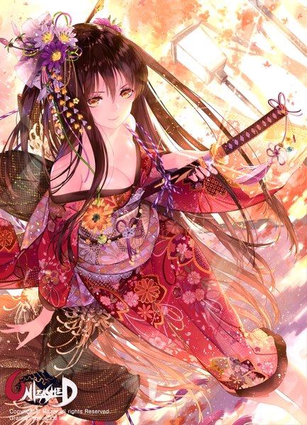 Anime picture 1213x1680 with unleashed rozer single tall image looking at viewer blush fringe breasts light erotic smile brown hair standing bare shoulders holding brown eyes yellow eyes long sleeves very long hair traditional clothes japanese clothes
