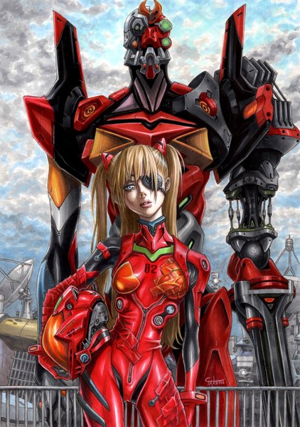Anime picture 3011x4277 with neon genesis evangelion gainax soryu asuka langley eva 02 marlboro (artist) long hair tall image looking at viewer fringe highres blue eyes twintails signed absurdres sky cloud (clouds) orange hair girl hair ornament bodysuit