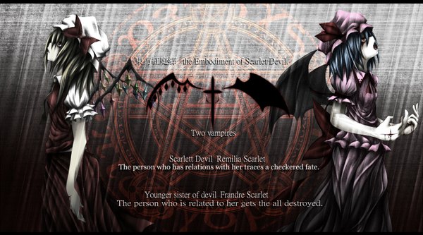 Anime picture 1440x800 with touhou flandre scarlet remilia scarlet maeda kousuke short hair open mouth red eyes wide image blue hair inscription magic bat wings girl dress wings bonnet magic circle