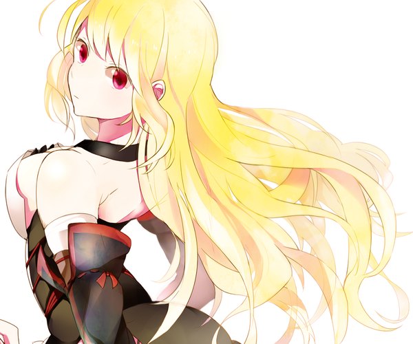 Anime picture 960x800 with tales of (series) tales of xillia milla maxwell xxxceller single long hair looking at viewer fringe simple background blonde hair red eyes white background bare shoulders looking back girl gloves elbow gloves armor armored dress
