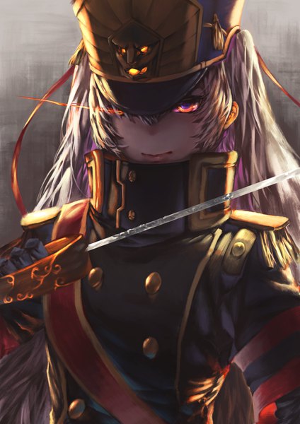 Anime picture 2480x3508 with re:creators altair (re:creators) 2c ying single long hair tall image fringe highres blue eyes hair between eyes twintails payot upper body grey hair orange eyes multicolored eyes military girl uniform ribbon (ribbons)