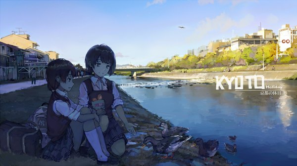 Anime picture 1157x649 with original d.b.spark long hair fringe short hair breasts brown hair wide image sitting twintails multiple girls brown eyes looking away sky cloud (clouds) ahoge bent knee (knees) profile pleated skirt sunlight