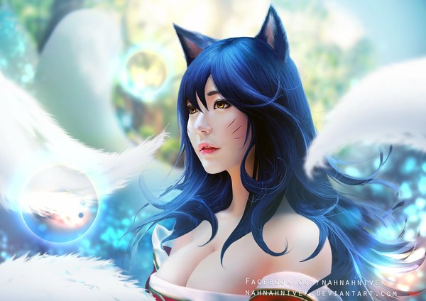 Anime picture 1024x724 with league of legends ahri (league of legends) nahnahnivek single long hair breasts bare shoulders animal ears yellow eyes blue hair looking away cleavage tail parted lips fox girl multiple tails girl detached sleeves