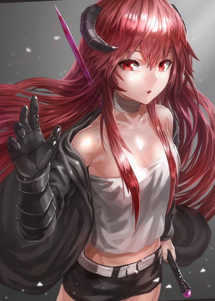 Anime picture 767x1071 with original kfr single long hair tall image fringe open mouth red eyes standing bare shoulders holding looking away cleavage horn (horns) wind open clothes arms up open jacket revision girl