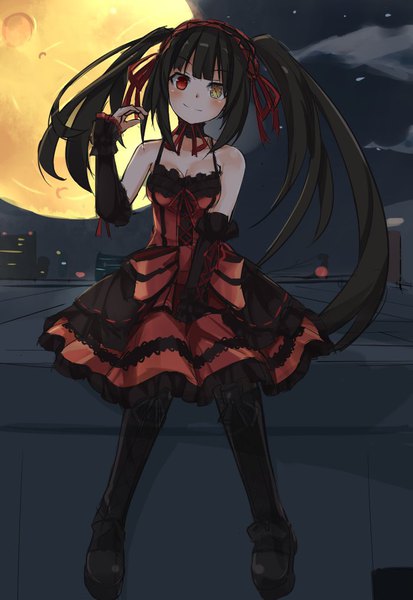 Anime picture 700x1015 with date a live tokisaki kurumi himajin (starmine) single long hair tall image looking at viewer blush fringe breasts black hair smile red eyes sitting twintails bare shoulders yellow eyes full body outdoors blunt bangs