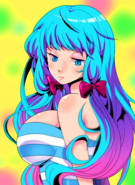 Anime picture 1121x1533 with panty & stocking with garterbelt anarchy stocking gino0808 single long hair tall image breasts blue eyes light erotic large breasts bare shoulders blue hair multicolored hair girl bow hair bow